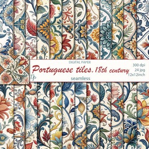May include: Digital paper featuring seamless patterns of 18th-century Portuguese tiles. The tiles showcase intricate floral designs in shades of red, blue, yellow, and green on a cream background. The image includes the text "Portuguese tiles, 18th century, seamless".