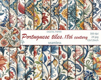 Conjunto de papéis digitais sem emenda com motivos florais portugueses, 24 padrões imprimíveis para scrapbooking, colagem mediterrânea, download instantâneo, conjunto 483