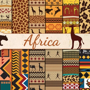 Pacchetto di carta senza soluzione di continuità etnica africana digitale, 16 carte da scrapbooking stampabili tribali, collage digitale africano, download immediato, set 30