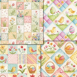 Puede incluir: Papel digital con tem&aacute;tica de Pascua en acuarela con patrones de patchwork. Los dise&ntilde;os incluyen conejitos, pollitos, huevos de Pascua, flores y cestas en colores pastel. Los cuadrados est&aacute;n dispuestos en un estilo de edred&oacute;n.