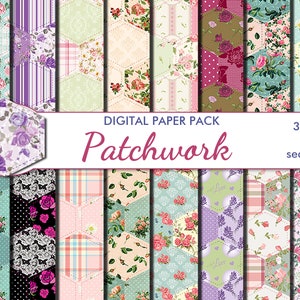 Könnte beinhalten: Ein digitales Papierpaket mit 16 nahtlosen Patchwork-Mustern mit floralen Designs, Streifen, Punkten und Karos in den Farben Rosa, Lila, Grün und Weiß. Der Text "DIGITAL PAPER PACK Patchwork" wird in der Mitte des Bildes angezeigt. Der Text "300 dpi 16 jpg seamless" wird in der oberen rechten Ecke des Bildes angezeigt.
