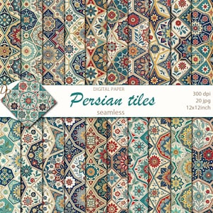 May include: A set of 20 digital papers featuring seamless patterns of colorful Persian tiles. The tiles are a mix of blue, green, red, yellow, and white. Each paper is 12x12 inches and 300 dpi.