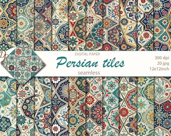 Papeles digitales sin costuras con azulejos persas, 20 patrones imprimibles para scrapbooking, collage étnico, descarga instantánea, set 515