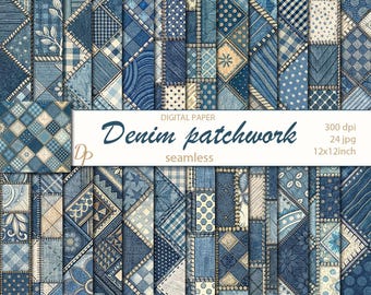 Digital Denim patchwork seamless papers, 24 printable jeans scrapbooking patterns, quilt collage, Instant Download, set 492