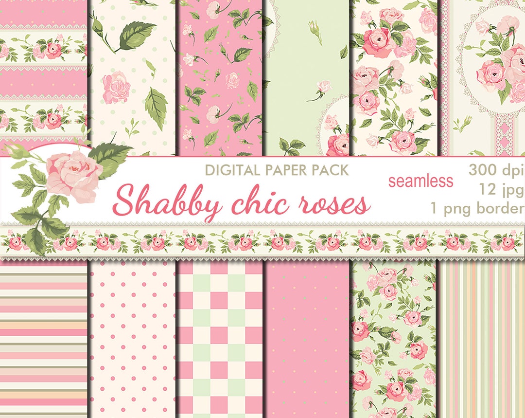 Digital Shabby Chic Pink Roses Seamless Paper Pack, 12 Printable ...