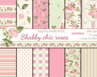 Digital Shabby Chic Pink Roses Seamless Paper Pack, 12 printable Digital Scrapbooking papers, retro roses, Instant Download, set 133