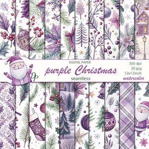 May include: A set of watercolour digital paper designs with a purple Christmas theme. The seamless patterns feature holiday elements such as Santa Claus, baubles, holly, and winter scenes. The image text reads "purple Christmas seamless" and "watercolor".
