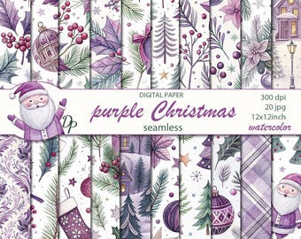 May include: A collection of watercolor digital paper designs with a purple Christmas theme. The seamless patterns feature holiday elements like Santa Claus, ornaments, holly, and winter scenes. The text on the image reads "purple Christmas seamless" and "watercolor".