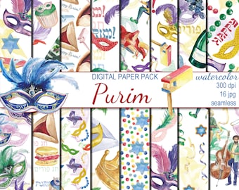 Pacote sem emenda de aquarela digital Happy Purim, 16 papéis de scrapbooking digital para impressão, colagem digital judaica, download instantâneo, conjunto 440