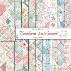 May include: Digital paper set with a patchwork design in pastel shades. The design incorporates squares with illustrations of animals, stars, hearts, and floral elements. The text "Newborn patchwork" is visible.