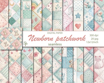 Papéis digitais sem emenda para patchwork de recém-nascidos, 20 padrões imprimíveis em aquarela para scrapbooking, colagem de bebê, download instantâneo, conjunto 529