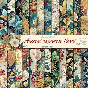Könnte beinhalten: Eine Sammlung digitaler Papiere mit nahtlosen, alten japanischen Blumenmustern. Die Designs zeigen Blumen und Blätter in Türkis, Gold, Rot und Creme. Der Text lautet "Ancient japanese floral seamless". Jedes Papier ist 30,48 x 30,48 cm groß.