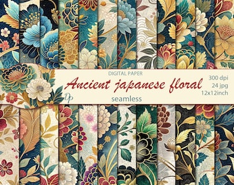 May include: A collection of digital paper featuring seamless, ancient Japanese floral designs. The patterns showcase a variety of flowers and foliage in shades of teal, gold, red, and cream. The text reads "Ancient Japanese floral seamless". Each paper is 12x12 inches.