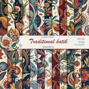 May include: A collection of seamless digital paper patterns with a traditional batik design. The patterns feature floral and paisley motifs in shades of blue, orange, red, and teal. The image includes text that reads "Traditional batik seamless" and "12x12 inch".