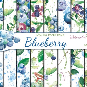 Digital Watercolor Blueberry Seamless Paper Pack, 16 printable Scrapbooking papers, Floral Collage, Decoupage, Instant Download, set 429