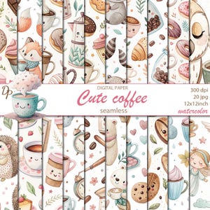 May include: Set of 20 digital papers featuring cute watercolor illustrations of coffee cups, donuts, animals, and other coffee-themed designs. The papers are seamless and perfect for scrapbooking, card making, and other craft projects.