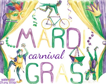 Digital Mardi Gras Carnival Watercolor clipart for scrapbooking, png, Decor,  Instant Download, clip 98