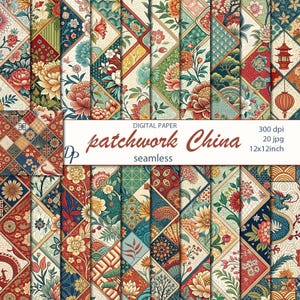 Może przedstawiać: Kolekcja cyfrowo stworzonych bezszwowych wzorów papieru cyfrowego. Wzory charakteryzują się patchworkowym wzorem z elementami kwiatowymi i geometrycznymi w odcieniach czerwieni, niebieskiego, zieleni i pomarańczy. Na zdjęciu wyświetlany jest tekst "patchwork China".