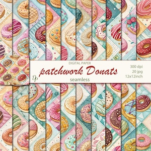 May include: A digital paper design featuring a patchwork pattern of watercolour donuts with various toppings and colours. The donuts are arranged on a background of pastel colours. The text "patchwork Donuts" is displayed on the image, along with other details.