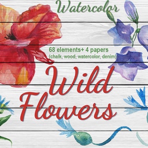 68 Digital Wild Flowers clip art, collage numérique floral, coquelicots, bleuets, campanules, marguerites clip arts, téléchargement immédiat, clip 83