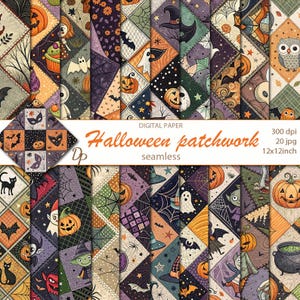 Könnte beinhalten: Eine Sammlung digitaler Halloween-Patchwork-Papiere mit verschiedenen gruseligen Designs. Die Designs umfassen Kürbisse, Fledermäuse, Geister, Hexenhüte und Spinnennetze. Der Text "Halloween patchwork seamless" ist in Orange dargestellt. Das Papier ist 30,48 x 30,48 cm groß.