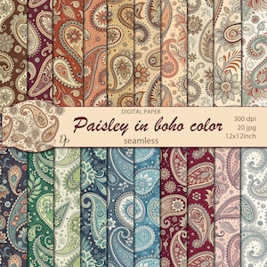 May include: Digital paper pack featuring a variety of paisley patterns in boho colors. The designs include floral and teardrop motifs in shades of brown, red, blue, and green. The text on the image reads "Paisley in boho color" and "seamless". The paper size is 12x12 inches.