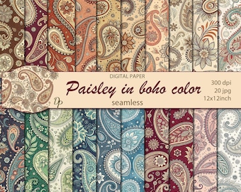 Papéis digitais sem emenda com estampa paisley em cores boho, 20 padrões imprimíveis para scrapbooking, tecido floral indiano, download instantâneo, conjunto 536