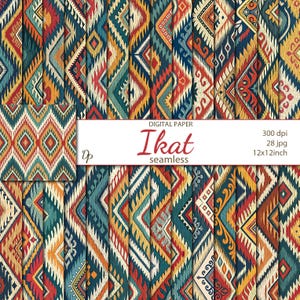 May include: A collection of digitally created Ikat seamless patterns. The designs feature geometric shapes in a variety of colors, including red, blue, yellow, and teal. The text "Digital Paper Ikat seamless" is displayed on a white banner.