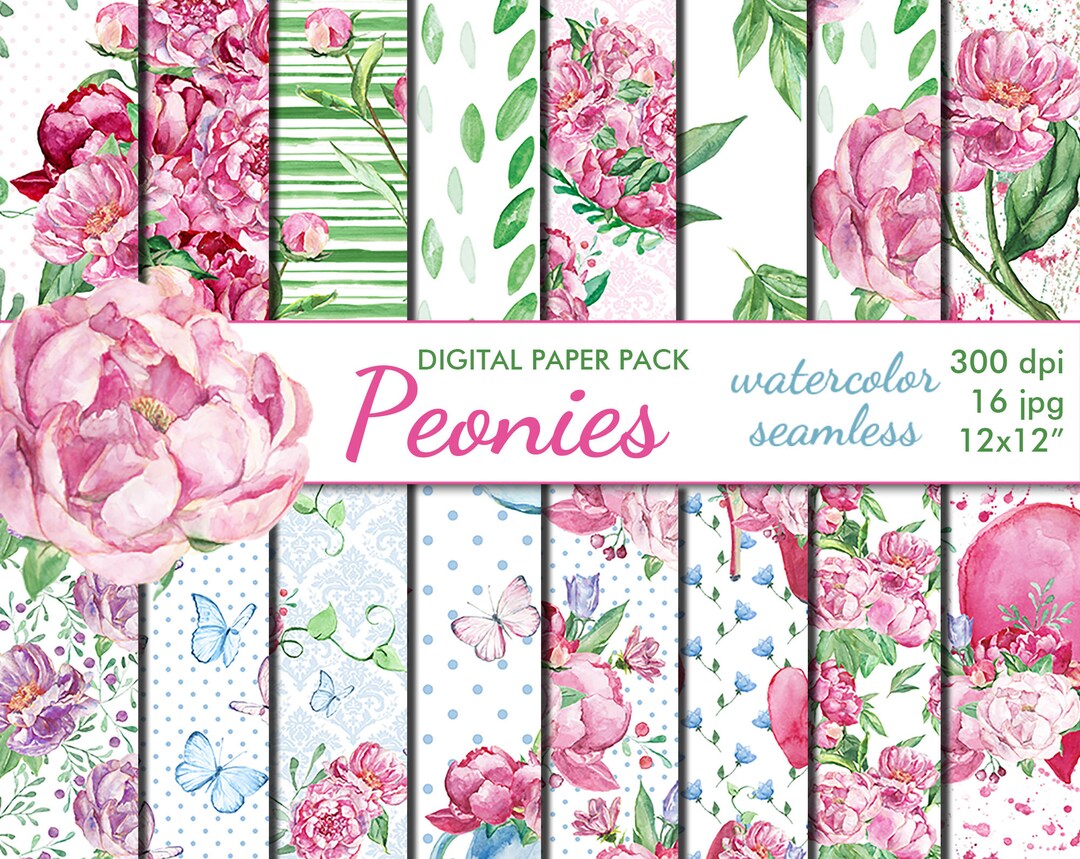 Digital Pink Peonies Seamless Paper Pack, 16 Printable Scrapbooking ...