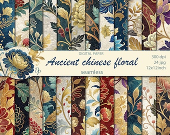 May include: A collection of seamless digital paper patterns with an ancient Chinese floral design. The patterns feature ornate floral and foliage elements in shades of blue, gold, red, and purple. The text reads "Ancient Chinese floral seamless".
