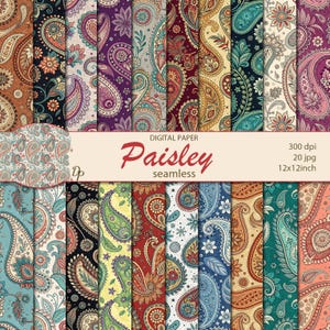 May include: A selection of 20 seamless digital paisley paper designs in various colours, including red, blue, purple, and orange. The designs are 30.48 x 30.48 cm and 300 dpi. The text "Paisley seamless" is displayed.