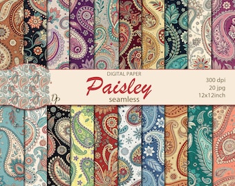Papéis digitais sem emenda com estampa paisley, 20 padrões imprimíveis para scrapbooking, tecido floral indiano, download instantâneo, conjunto 537