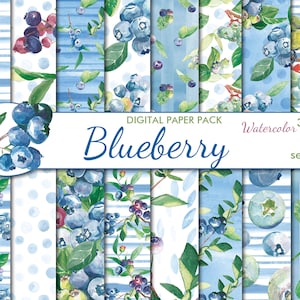 Digital Watercolor Blueberry Seamless Paper Pack, 16 printable Scrapbooking papers, Floral Collage, Decoupage, Instant Download, set 430
