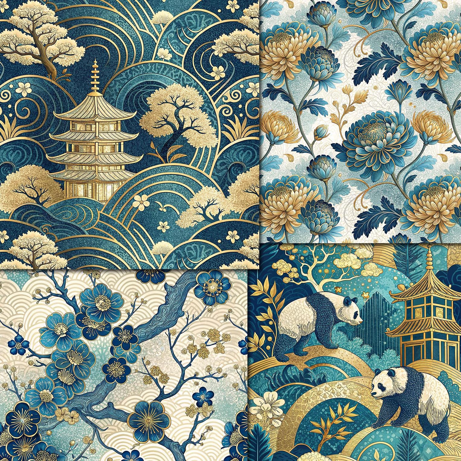 Digital China Seamless Papers, 20 Blue Gold Chinese Printable Patterns ...