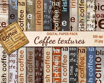 Digital Coffee Texture Paper Pack, 25 printable Digital Scrapbooking papers, Word Digital Collage, food printable, Instant Download, set 52