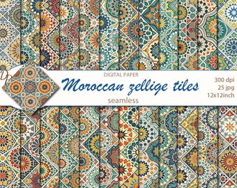Digitale Marokkaanse zellige tegels etnische naadloze papieren, 25 afdrukbare scrapbooking patronen, Marokko collage, instant download, set 509