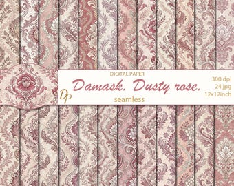 Damasco vintage floral digital em papéis sem costura de cor rosa empoeirado, 24 padrões antigos para scrapbooking para impressão, download instantâneo, conjunto com 300