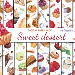 Digital Sweet Dessert watercolor seamless papers, 16 printable Scrapbooking papers, sweet tasty Digital Collage,  Instant Download, set 190