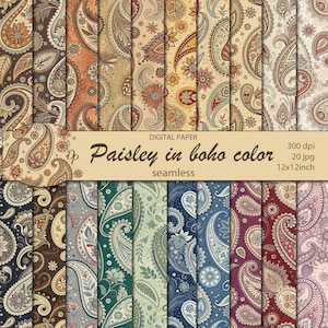 Pode incluir: Uma coleção de padrões de papel digital sem costura em uma variedade de cores, com um design paisley. Os padrões incluem tons de marrom, laranja, verde, azul e roxo. O texto "Paisley in boho color" é exibido em uma faixa.