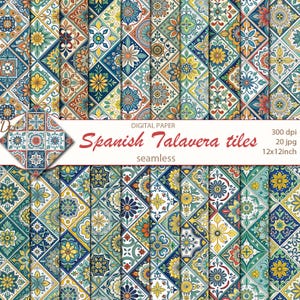 Digital  Spanish Talavera tiles seamless papers, 20 printable scrapbooking patterns, Mediterranean ethnic collage, Instant Download, set 512