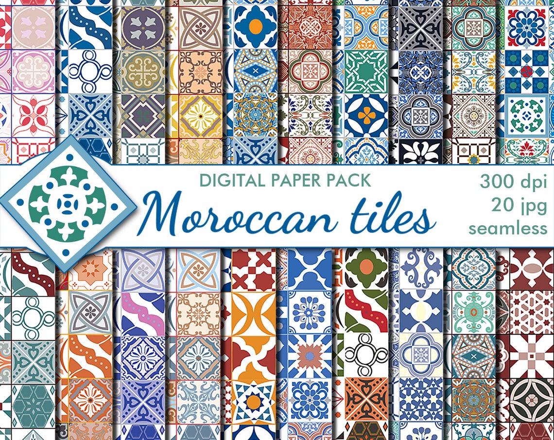 Digital Moroccan Tiles Ethnic Seamless Paper Pack, 20 Printable ...