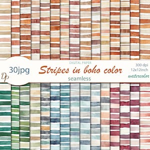 Puede incluir: Paquete de papel digital con rayas de acuarela en colores boho. La imagen incluye 30 archivos JPG, patrones sin costuras y una resolución de 300 ppp a 12x12 pulgadas. La paleta de colores incluye tonos de naranja, marrón, verde y azul.