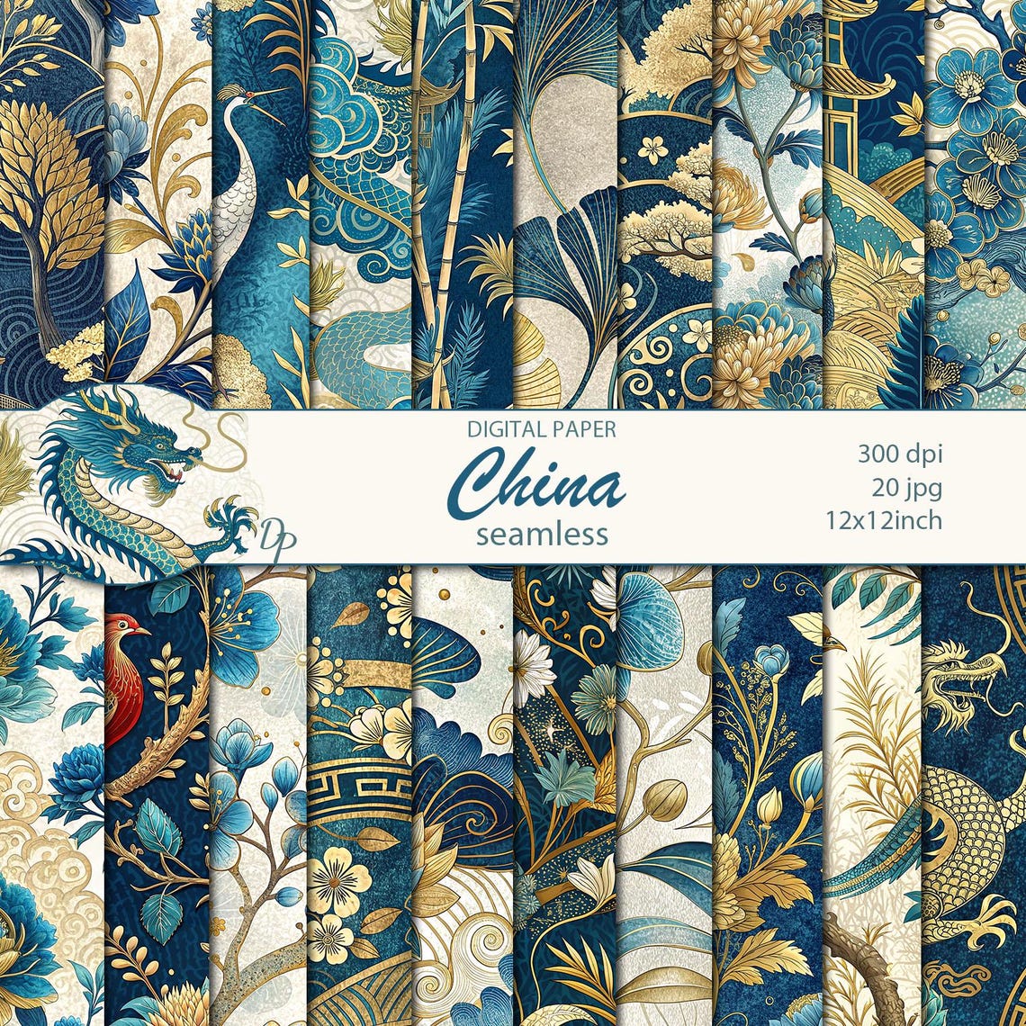 Digital China Seamless Papers, 20 Blue Gold Chinese Printable Patterns ...