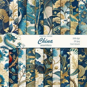 Peut inclure: Une collection de 20 motifs de papier numérique sans couture sur le thème chinois. Les motifs présentent des dragons, des fleurs et d'autres motifs traditionnels dans des tons de bleu, d'or et de blanc. L'image comprend le texte "China seamless" et "12x12 inch".