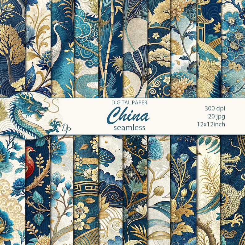Digital China Seamless Papers, 20 Blue Gold Chinese Printable Patterns ...