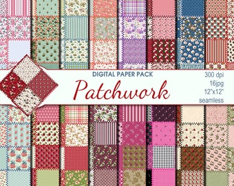 Digital Patchwork Fabric Seamless Paper Pack, 16 printable Digital Scrapbooking papers, Fabric Digital Collage, Instant Download, set 95