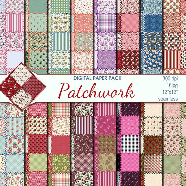 Digital Patchwork Fabric Seamless Paper Pack, 16 printable Digital Scrapbooking papers, Fabric Digital Collage, Instant Download, set 95