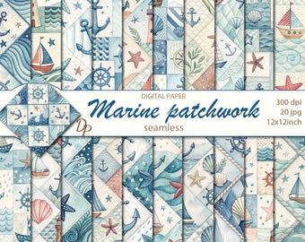 Papeles sin costuras con motivos marinos digitales, 20 patrones imprimibles de scrapbooking con acuarela, collage de colcha náutica, descarga instantánea, set 144