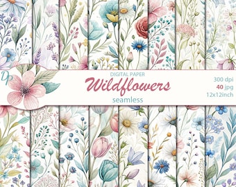 Papéis digitais sem emenda com flores silvestres, 40 padrões imprimíveis para scrapbooking, colagem floral, download instantâneo, conjunto 508