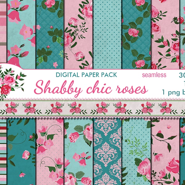 Digital Shabby Chic Pink Roses Seamless Paper Pack, 16 printable Digital Scrapbooking papers, retro roses, Instant Download, set 379